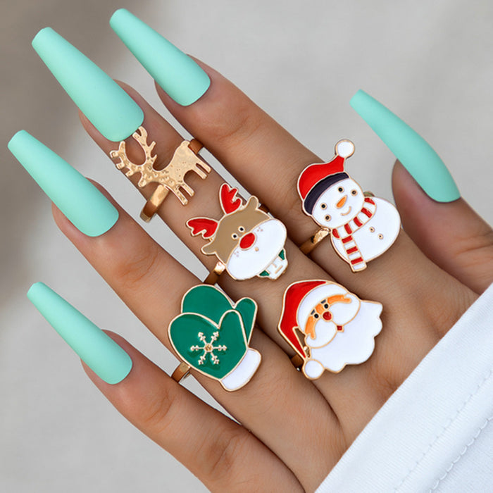 Wholesale Stylish Christmas Ring Set 5-Piece Santa Elk Snowman Design Alloy Gold Jewelry Accessory MOQ≥2