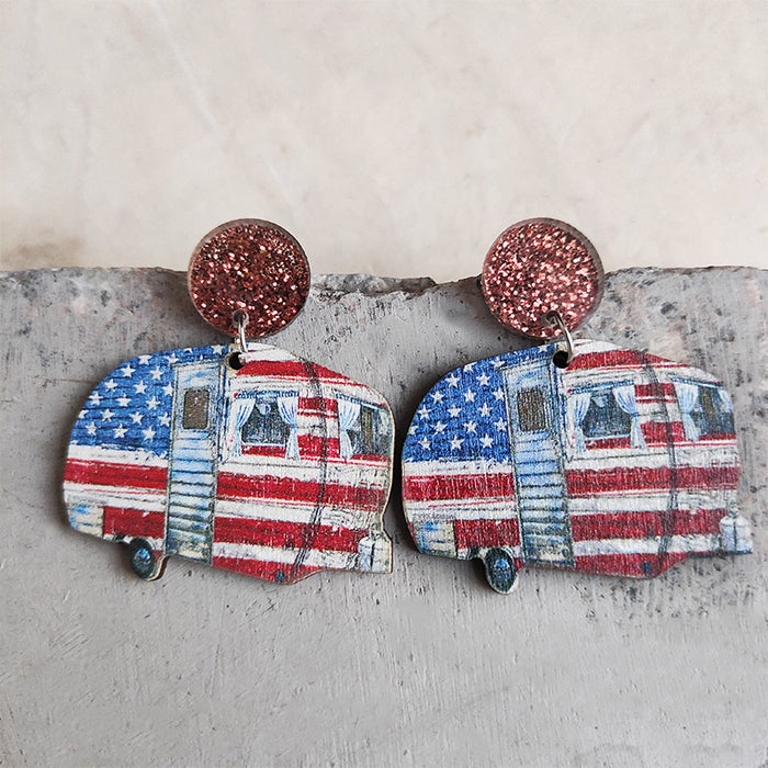 Wholesale Earrings Wooden American Flag Leopard Print Small Flowers 3 Pairs JDC-ES-Heyi051