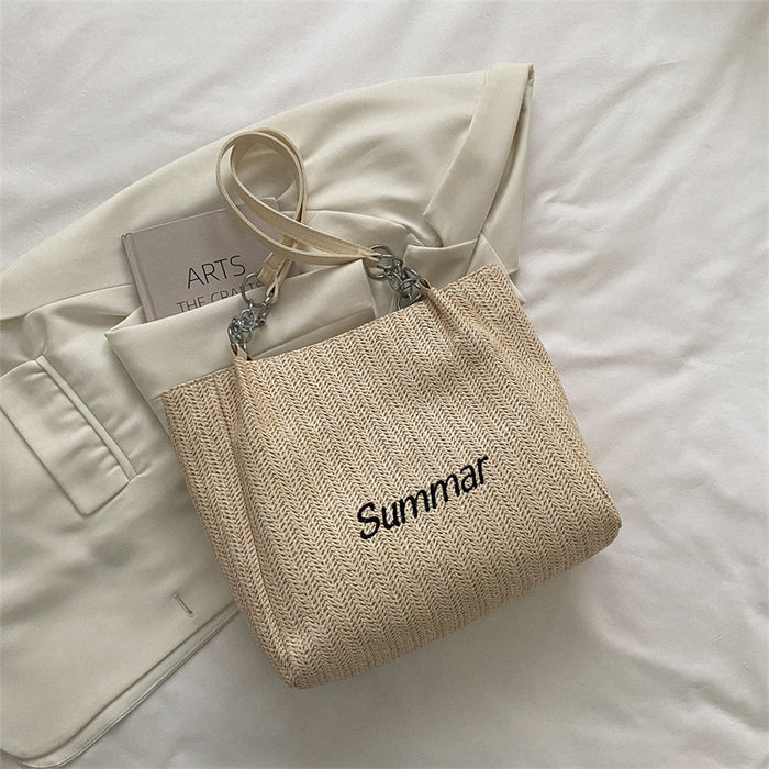 Wholesale Large capacity fashionable woven letter tote bag, trendy casual commuting shoulder bag