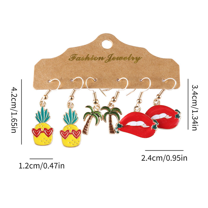 Wholesale Tropical Pineapple Palm Tree Red Lips Drop Oil Earring Set Fashion Accessory Party Gift