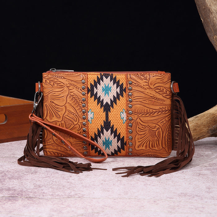 Wholesale Vintage Cotton and Linen Print Western Bohemian Leather Carving Hand Wallet Crossbody Women' s Bag