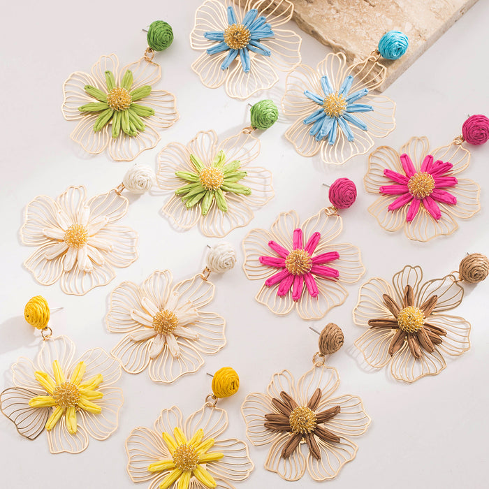 Wholesale Raffia Flower Earrings Yellow Alloy Jewelry Accessory Gift Boutique