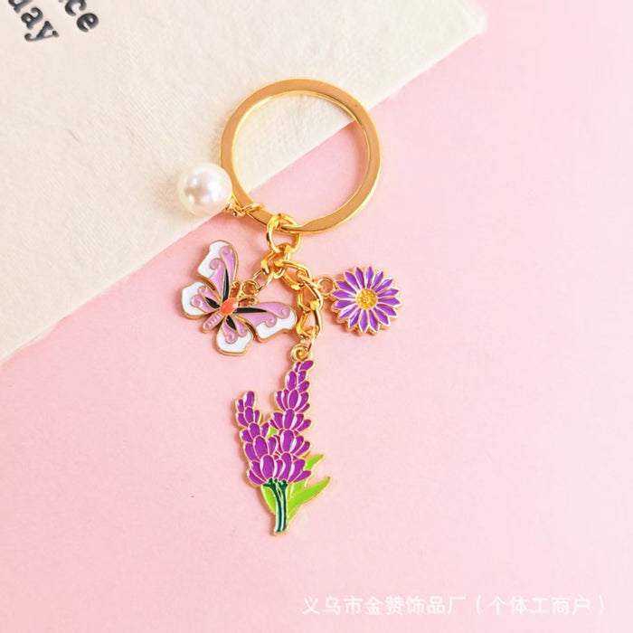 Wholesale Butterfly Flower Keychain Mother' s Day Metal Bag Pendant Exquisite High-end Pearl Flower Gift