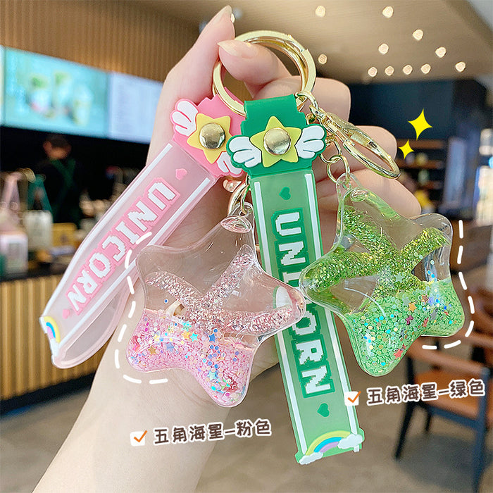 Wholesale Starfish Oil Flow Bottle Keychain Acrylic Pink Gift Bag Charm