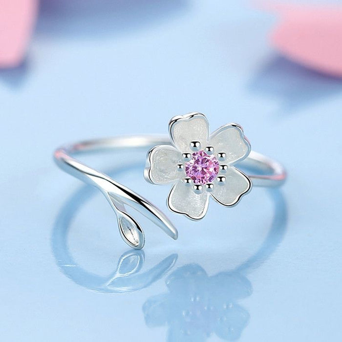 Wholesale Pink diamond cherry blossom ring for women, light luxury, niche fashion, personality, adjustable opening ring, peach blossom tail ring