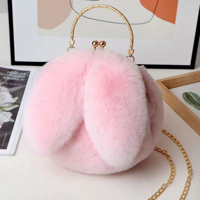 Wholesale Plush Shoulder Bag Women's Portable Crossbody Bag Chain Mobile Phone Bag All-match Small Round Bag Rabbit Ear Clamp Bag