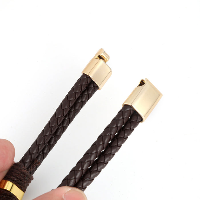 Wholesale Hand string double-layer retro alloy cowhide woven bracelet, fashionable men's leather magnetic buckle bracelet