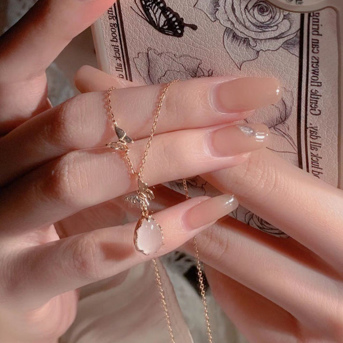 Wholesale New Pink Crystal Butterfly Necklace, Women's Light Luxury Water Drop Pendant, niche design, versatile collarbone chain