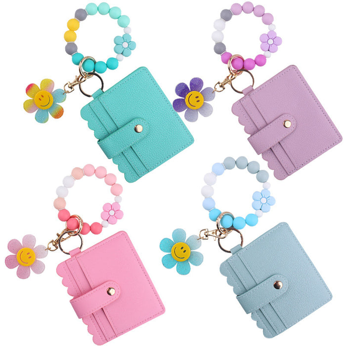 Wholesale Cartoon Sunflower Flower Card Holder Jewelry Beaded DIY Silicone Bracelet Bracelet Wallet Keychain Pendant