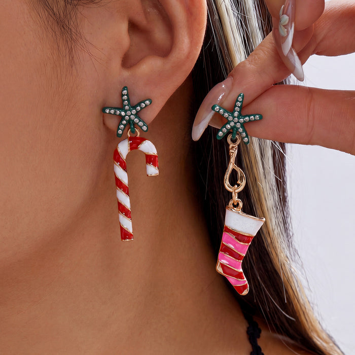 Wholesale Rhinestone Christmas Earrings Santa Candy Cane Bow Alloy Plated Fashion Accessory