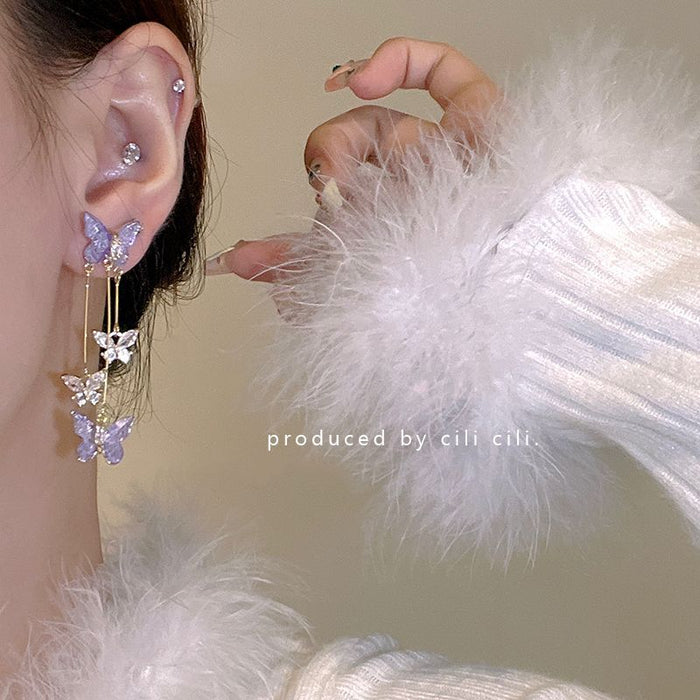 Wholesale Butterfly long tassel earrings, earrings, high-end feel, no ear holes, ear clips