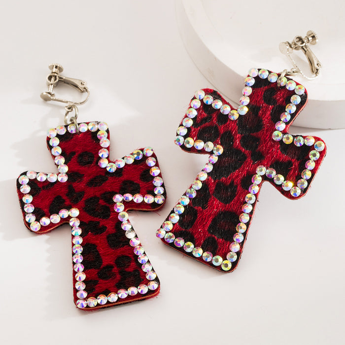 Wholesale Cross-print leather leopard print Statement Earrings