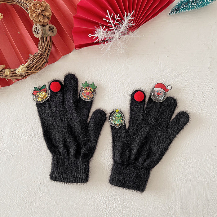 Wholesale Christmas Gloves Men' s and Women' s Winter Cross-border Doll Plush Warm Outdoor Riding Student Five-finger Gloves