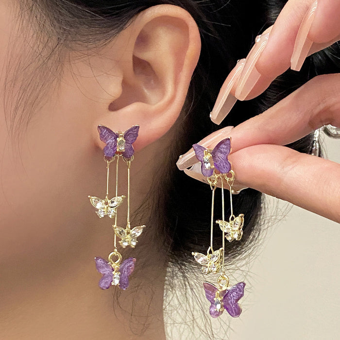 Wholesale Silver needle butterfly earrings, high-end zircon tassel earrings, niche earrings