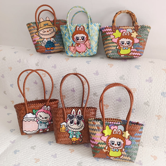 Wholesale Woven Basket Bag Shoulder Hand Bag Cute Rattan Cloth Cartoon Woven Bag