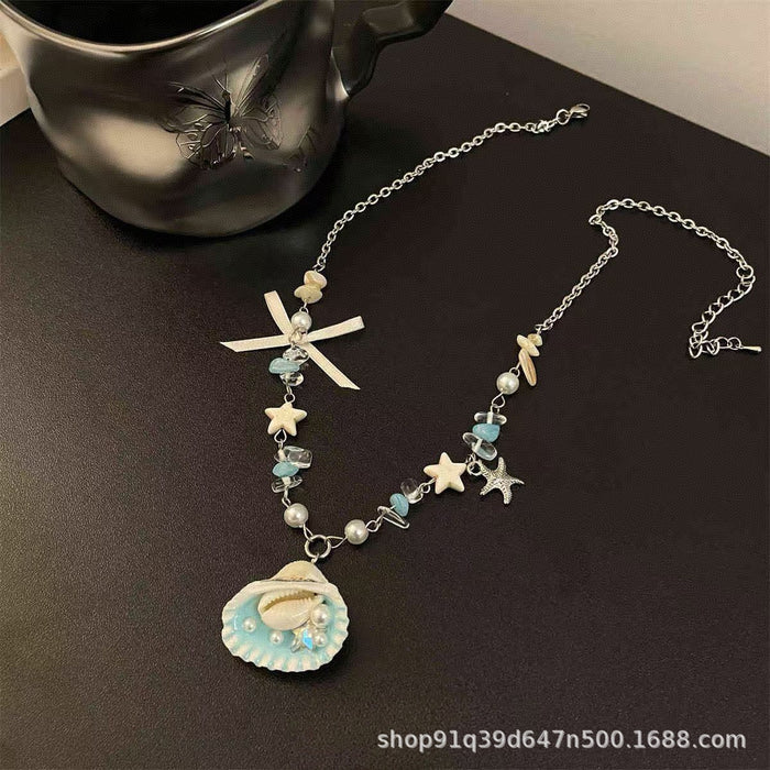 Wholesale Seaside Cute Pearl Shell Starfish Beaded Necklace Blue Plated Alloy Collarbone Chain
