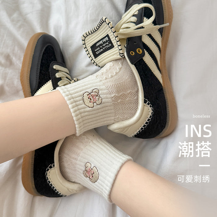 Wholesale Socks with cartoon striped embroidery, mid tube cotton socks, versatile socks