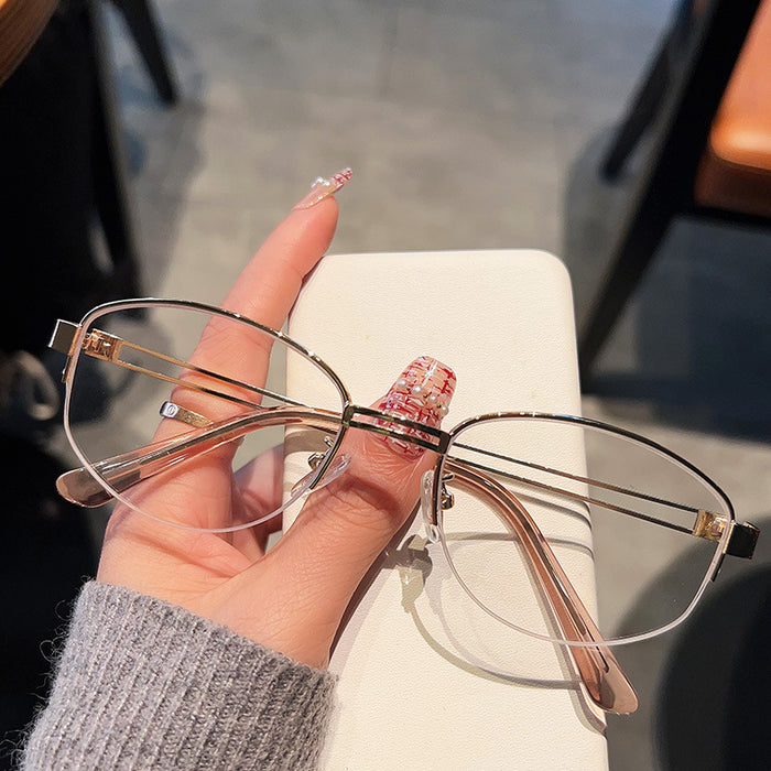 Wholesale Golden edged oval half frame glasses, cool and anti blue light prescription myopia frame