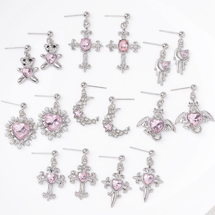 Wholesale Sweet Earrings Jewelry Pink Heart Cross Star Moon Earrings Versatile Women' s Earrings