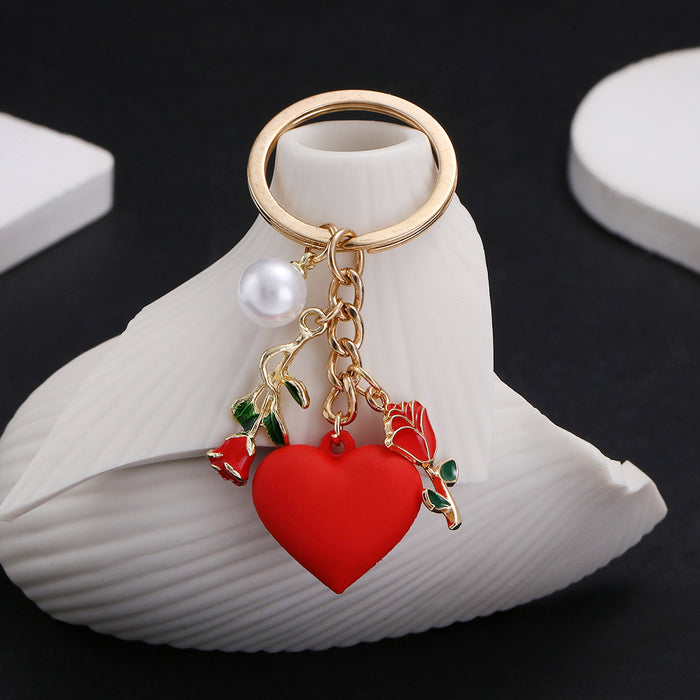 Wholesale Heart-shaped rose pearl pendant metal keychain