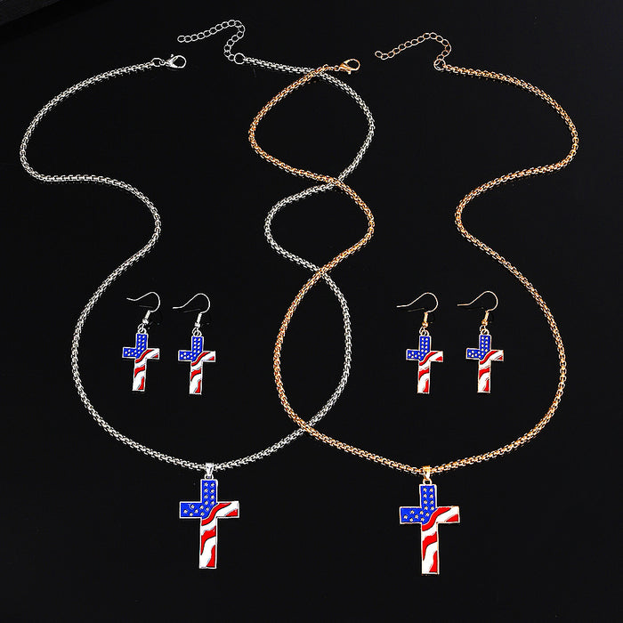 Wholesale American Independence Day Cross Pendant Alloy Necklace and Earrings Set JDC-NE-QingWen001