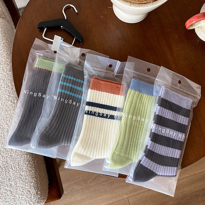 Wholesale Socks with double needle contrasting stripes, mid tube stacking, versatile socks