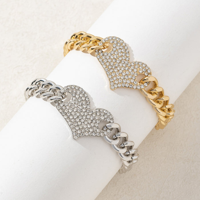 Wholesale New Fashion Alloy Diamond Inlaid Love Cuban Bracelet Light Luxury Versatile Peach Heart Handmade Bracelet