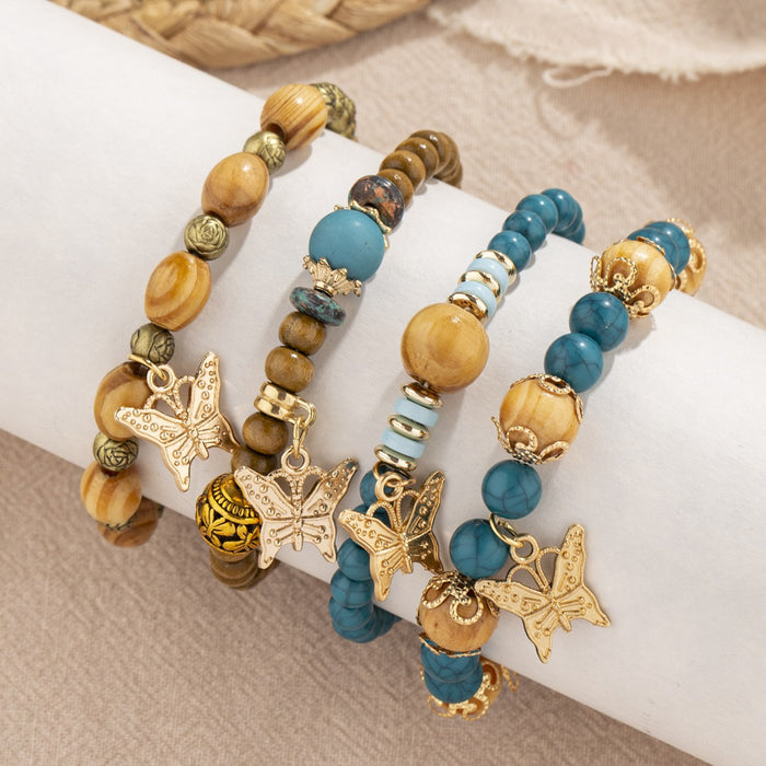 Wholesale Boho Style Multi-Layered Wood Beads Beaded Butterfly Pendant Bracelet JDC-BT-FeiYa006