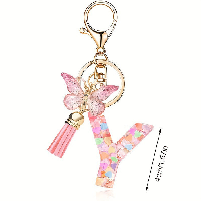 Wholesale Fashion pink letter key chain love sequins butterfly tassel key chain crystal  accessories