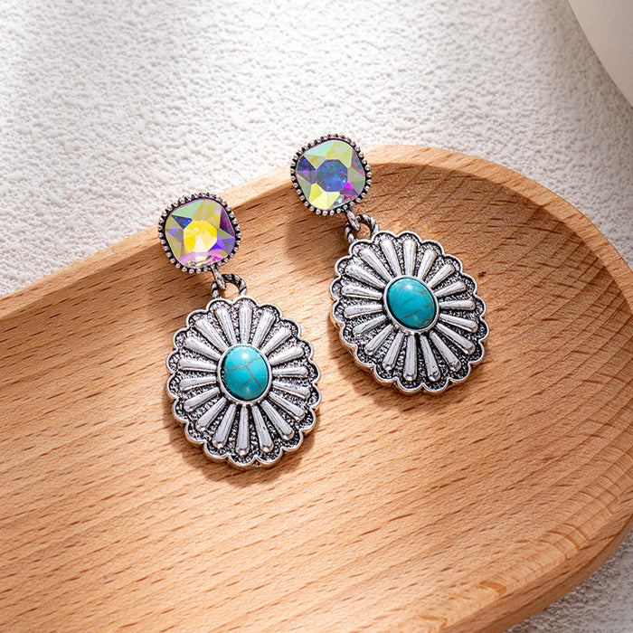 Wholesale Retro ethnic turquoise flower earrings