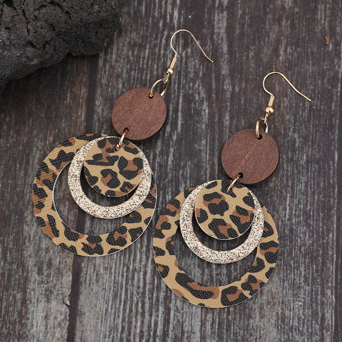 Wholesale New retro style three-layer leopard print sequin ring leather earrings and earrings wholesale
