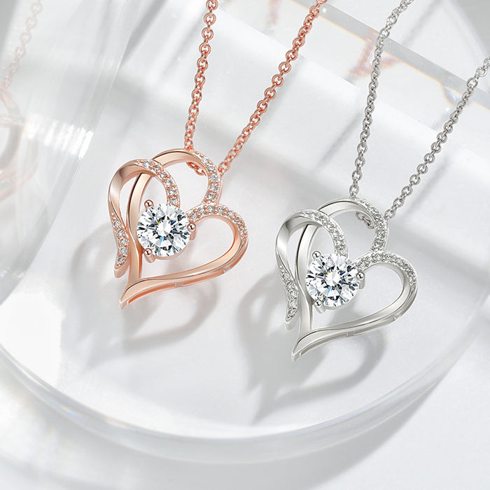 Wholesale Cross border platinum double heart pendant necklace with elegant temperament and high-end feel, set with zircon heart necklace