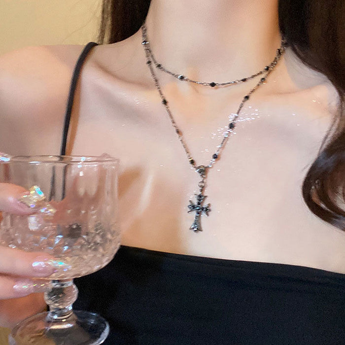 Wholesale Cross necklace pendant, double-layer layered necklace, zircon collarbone chain