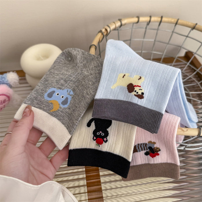 Wholesale Thin, short tube cartoon socks, low cut cotton socks, mid tube socks, color blocked socks