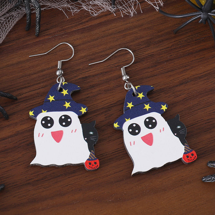 Wholesale  Pumpkin Black Cat Ghost Pendant Earrings Wooden Gothic Double-sided Ear Jewelry