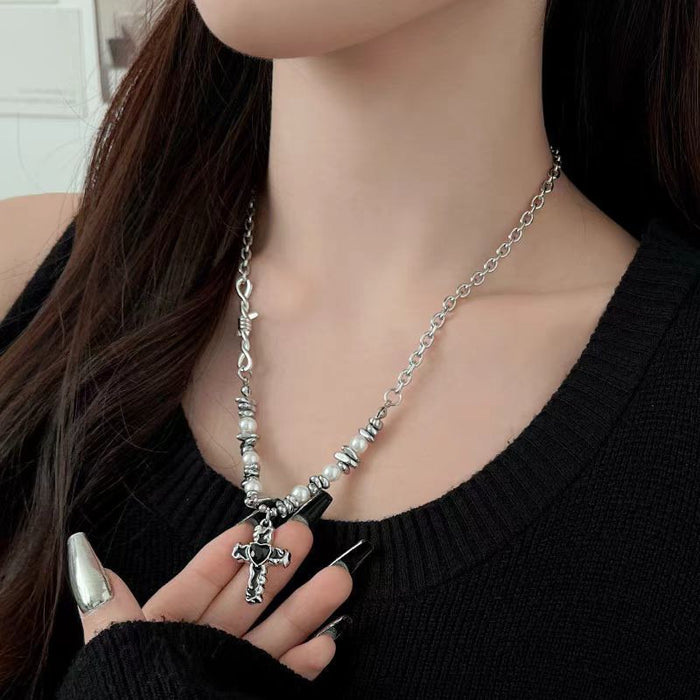 Wholesale New bead zircon heart-shaped cross necklace, street collarbone necklace, sweatshirt accessory