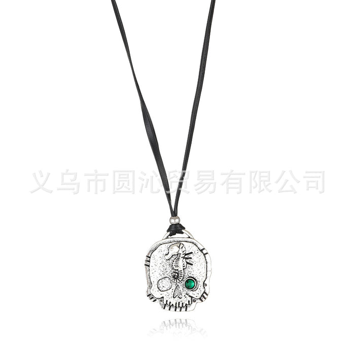 Wholesale Personalized skull pendant necklace adjustable long black leather rope sweater chain