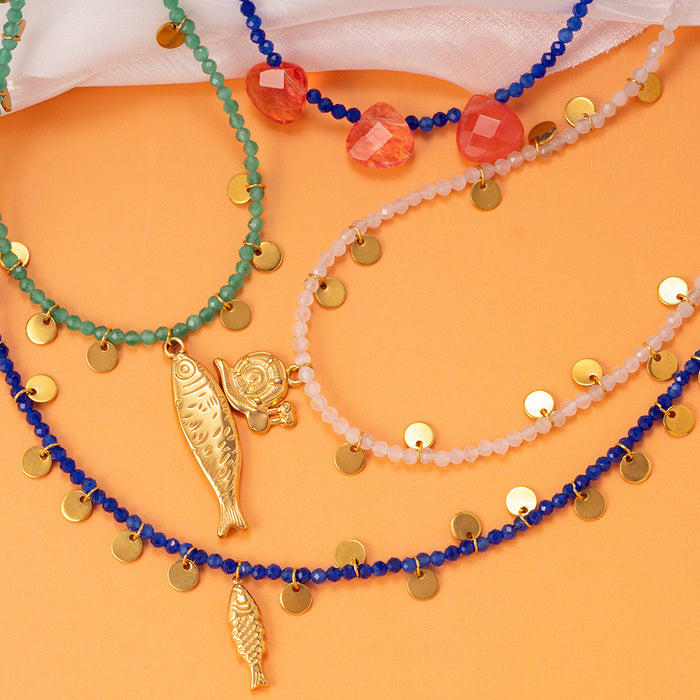 Wholesale Fashionable and personalized natural stone necklace paired with stainless steel pendant, exquisitely handmade necklace