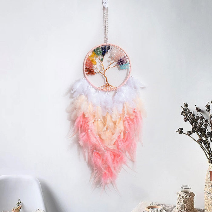 Wholesale Feather Dreamcatcher Wall Hanging with Tree of Life Design and Natural Stone Accents