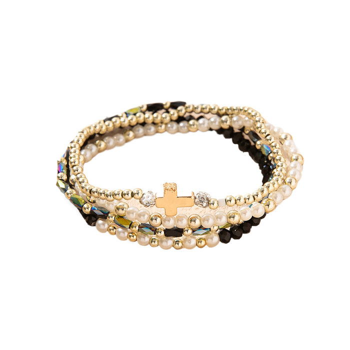 Wholesale Colorful Crystal Elastic Bracelets Ins Style Niche Stacked Cross Bracelet Set