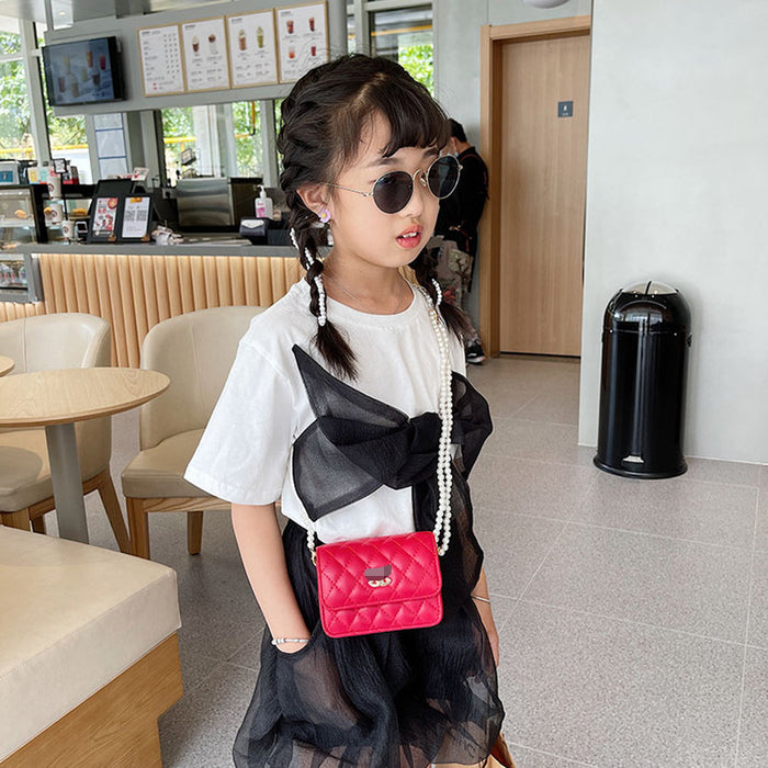 Wholesale Children's bag diamond grid embroidery thread mini pearl chain crossbody bag shoulder bag