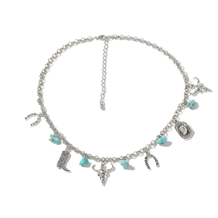 Wholesale western Denim retro ethnic style imitation turquoise alloy cow's head boots hat Necklace