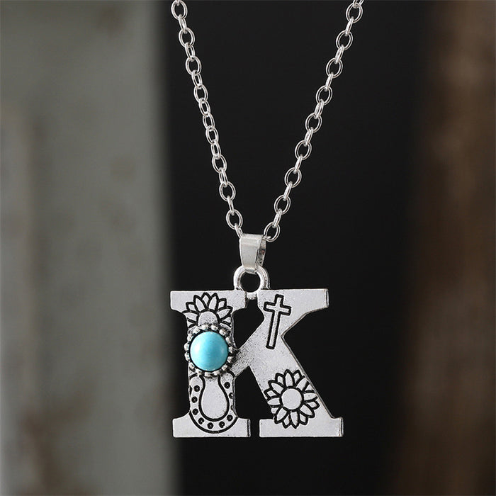 Wholesale 2pcs Retro 26 English Letter Turquoise Necklace
