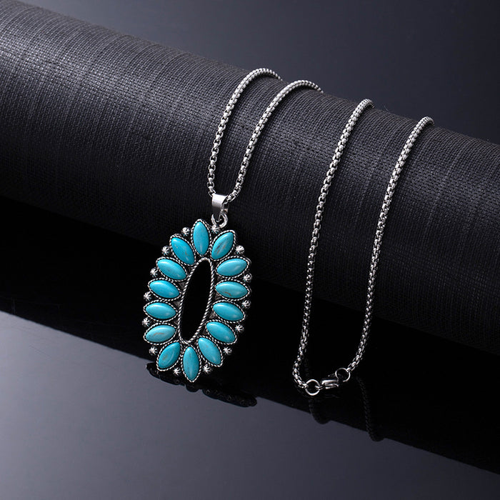 Wholesale Retro Western style natural turquoise necklace,  retro versatile titanium steel chain,  ethnic accessories