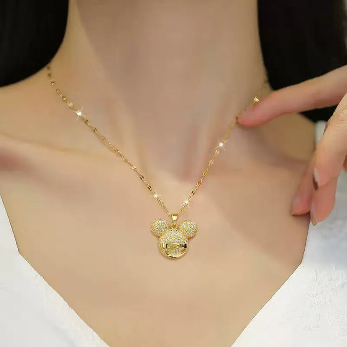 Wholesale Cartoon light luxury style shiny full diamond head pendant titanium steel chain collarbone chain