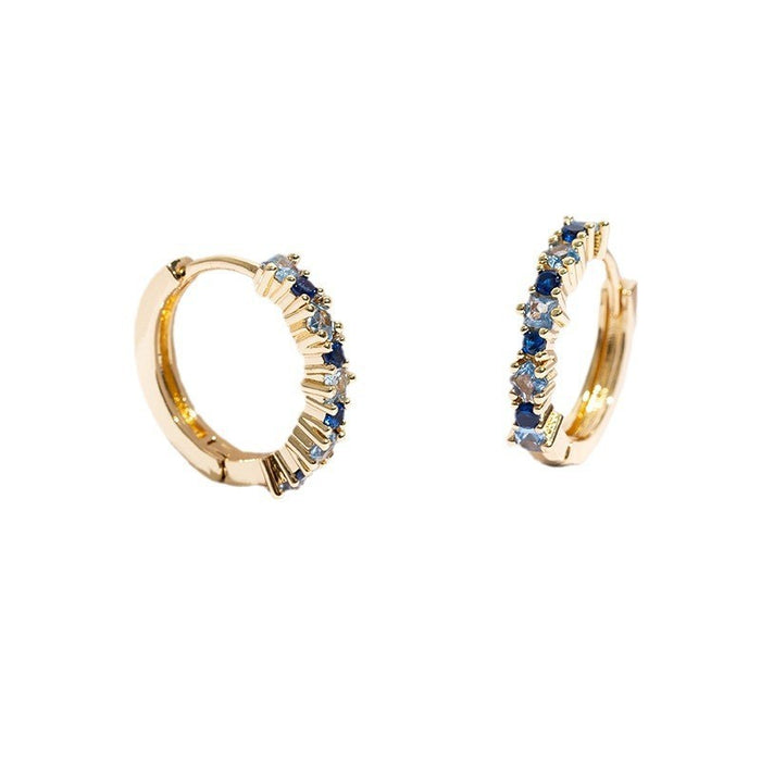 Wholesale Inlaid square blue zircon ear buckle, simple circle ear buckle, trendy accessory