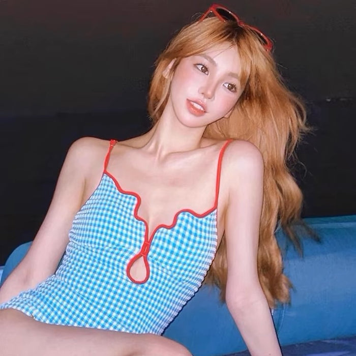 Wholesale Single piece checkered triangular swimsuit for women, embroidered red dress, vacation hot spring