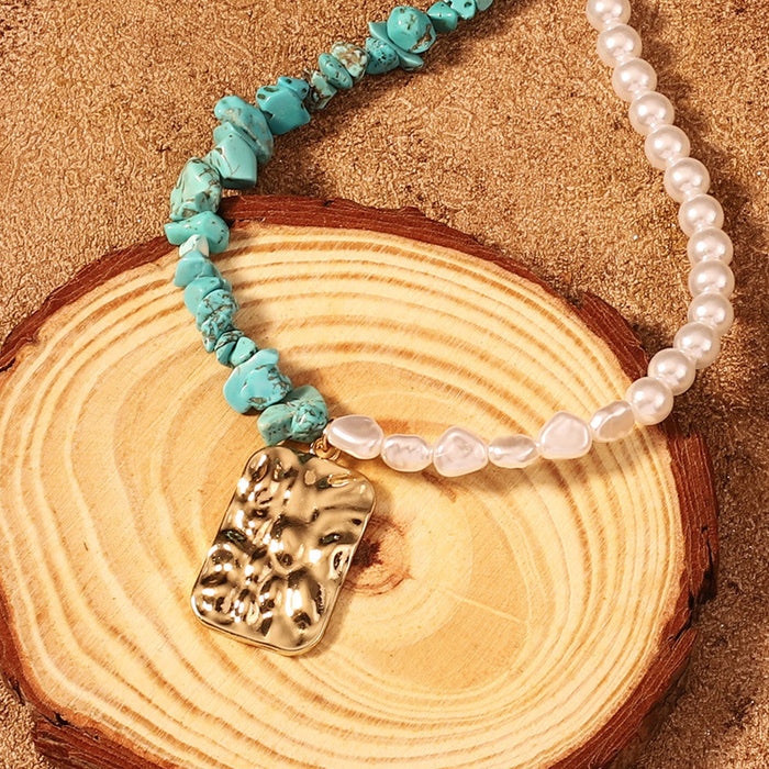 Wholesale Turquoise Pearl necklace geometric pleated alloy pendant necklace