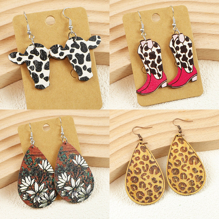 Wholesale Western Cowboy Style Old Style Cow Pattern Boots Cow Head Leopard Print Flower Women' s Wooden Earrings