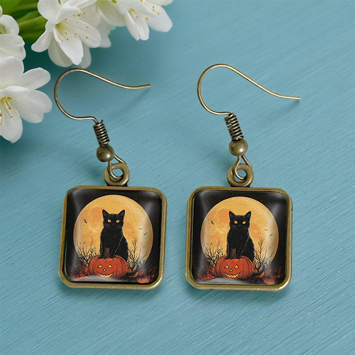Wholesale  Black Cat Pumpkin Autumn Vintage Copper Square Time Gem Crystal Glass Earrings